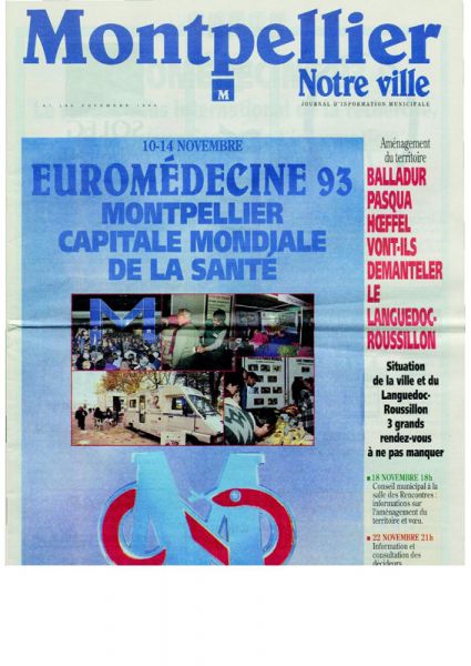 Une du magazine Montpellier, votre ville - journal d'information municipale - Novembre 1993