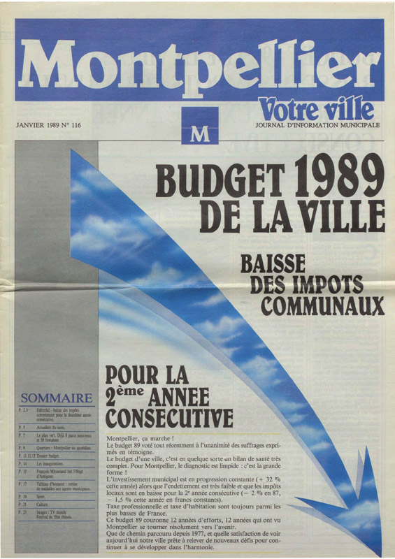 Budget 1989 de la ville, baisse des impôts pour la 2ème année consécutive