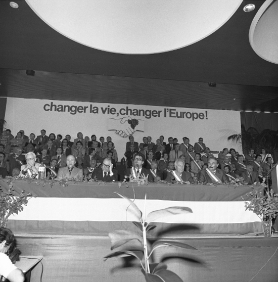 Georges Frêche et François Mitterrand lors de la journée parlementaire du groupe socialiste à Montpellier 